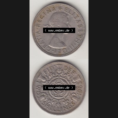 Münzen Großbritannien Umlaufmünze 1954-1970, 2 Schilling - Shillings 1963-1. Vorderseite und Rückseite vertikal untereinander auf einen digitalen Bild der alten britischen... Sammlung