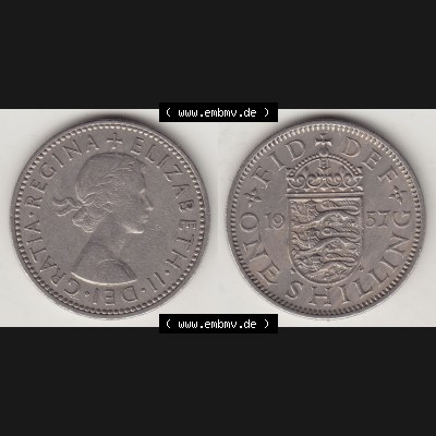 Münzen Großbritannien Umlaufmünze 1954-1970, 1 Schilling - Shilling, 1957-2 Wappen mit 3 Löwen. Vorderseite und Rückseite horizontal auf einen digitalen Bild... Sammlung