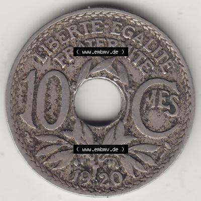 Münzen Frankreich Umlaufmünze 1917-1938, 10 Centimes, 10 CMES EGALITÉ FRATERNITÉ LIBERTÉ 1920-1. Digitales Bild der Rückseite mit Wertzahl / Nennwert... Sammlung