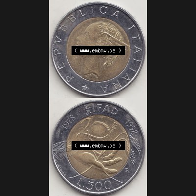 Bildmaterial von Münzen aus Italien / Italia Gedenkmünzen 1998-1998, 500 Lire, 20 Jahre Internationaler Fonds für die landwirtschaftliche Entwicklung (1978-1998)-1.... Sammlung