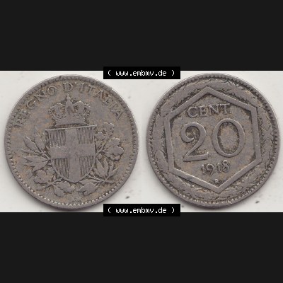 Alte Münzen KMS Italien / Italia, Kursmünzensatz - Zusammenstellung 1908-1943, mit Münze 1919-1920, 20 Centesimi, Cent, REGNO DITALIA 1918-1. Digitales... Sammlung