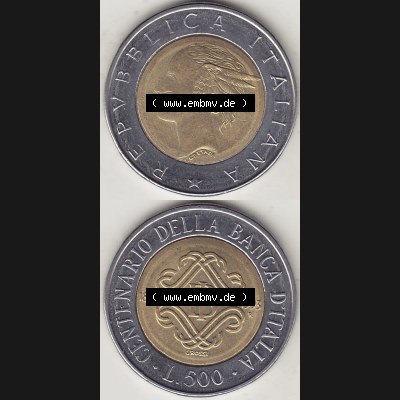 Bildmaterial von Münzen aus Italien / Italia Gedenkmünzen 1993-1993, 500 Lire, 100 Jahre Bank von Italien (1893-1993), CENTENARIO DELLA BANCA DITALIA GROSSI.... Sammlung