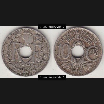 Münzen Frankreich Umlaufmünze Vollansicht 1917-1938, 10 Centimes, 10 CMES EGALITÉ FRATERNITÉ LIBERTÉ 1919-1. Vorderseite und Rückseite horizontal... Sammlung
