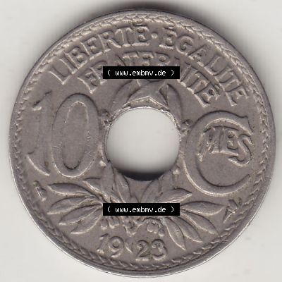 Münzen Frankreich Umlaufmünze 1917-1938, 10 Centimes, 10 CMES EGALITÉ FRATERNITÉ LIBERTÉ 1923-1. Digitales Bild der Rückseite mit Wertzahl / Nennwert... Sammlung