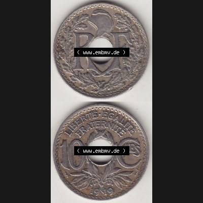 Münzen Frankreich Umlaufmünze Vollansicht 1917-1938, 10 Centimes, RF - Frankreich 10 CMES EGALITÉ FRATERNITÉ LIBERTÉ 1919-1. Vorderseite und Rückseite... Sammlung