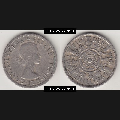 Münzen Großbritannien Umlaufmünze 1954-1970, 2 Schilling - Shillings 1956-1. Vorderseite und Rückseite horizontal auf einen digitalen Bild der alten britischen Münze... Sammlung