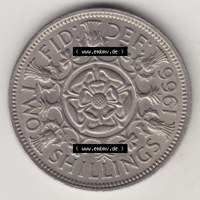 Münzen Großbritannien Umlaufmünze 1954-1970, 2 Schilling - Shillings 1966-1. Rückseite der alten britischen Münze aus Großbritannien zum katalogisieren und... Sammlung