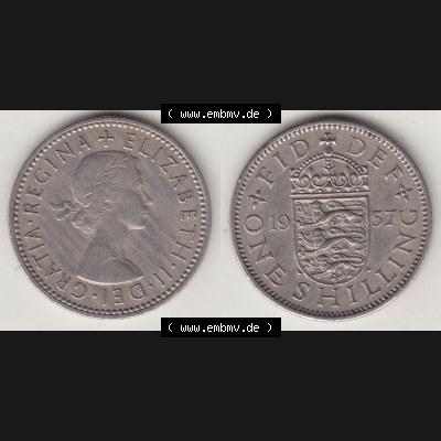 Münzen Großbritannien Umlaufmünze 1954-1970, 1 Schilling - Shilling, 1957-1 Wappen mit 3 Löwen. Vorderseite und Rückseite horizontal auf einen digitalen Bild... Sammlung