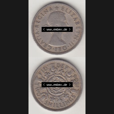 Münzen Großbritannien Umlaufmünze 1954-1970, 2 Schilling - Shillings 1954-1. Vorderseite und Rückseite vertikal untereinander auf einen digitalen Bild der alten britischen... Sammlung