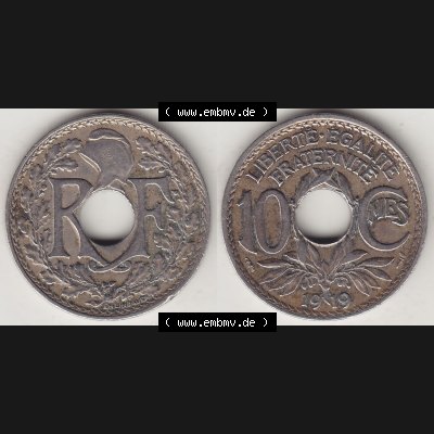Münzen Frankreich Umlaufmünze Vollansicht 1917-1938, 10 Centimes, RF - Frankreich 10 CMES EGALITÉ FRATERNITÉ LIBERTÉ 1919-1. Vorderseite und Rückseite... Sammlung