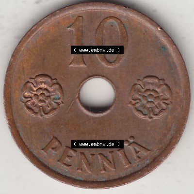 Alte Münzen KMS Finnland, Kursmünzensatz 1941-1943, 10 Penny, Penniä Kupfer 1942-1 . Rückseite mit Wert-Zahl bzw. Nennwert einer Münze aus KMS /... Sammlung
