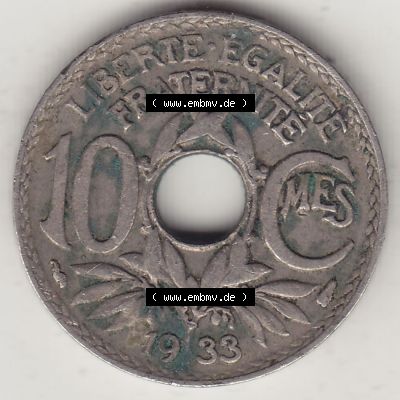 Münzen Frankreich Umlaufmünze 1917-1938, 10 Centimes, 10 CMES EGALITÉ FRATERNITÉ LIBERTÉ 1933-1. Digitales Bild der Rückseite mit Wertzahl / Nennwert... Sammlung