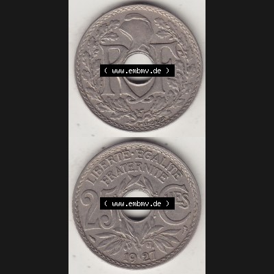 Alte Münzen KMS Frankreich, aus Kursmünzensatz-Zusammenstellung der Jahre 1917-1952, mit der Münze 1917-1937, 25 Cmes, Centime 1927-1. Vorderseite und Rückseite... Sammlung