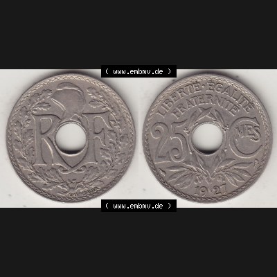Alte Münzen KMS Frankreich, aus Kursmünzensatz-Zusammenstellung der Jahre 1917-1952, mit der Münze 1917-1937, 25 Cmes, Centime 1927-1. Vorderseite und Rückseite... Sammlung