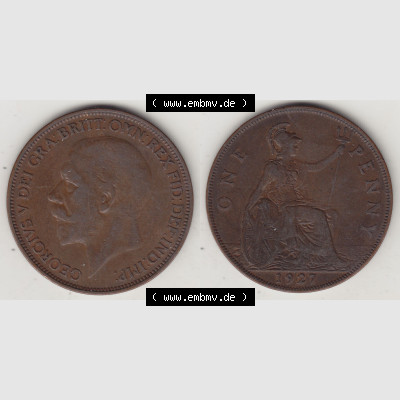 Münzen Großbritannien Umlaufmünze 1927-1927, 1 One Penny, 1927-1, George V, BM GEORGIVS V DEI GRABRITTOMNREX FIDDEFINDIMP. Vorderseite und Rückseite... Sammlung