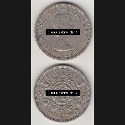 Münzen Großbritannien Umlaufmünze 1954-1970, 2 Schilling - Shillings 1966-5. Vorderseite und Rückseite vertikal untereinander auf einen digitalen Bild der alten britischen... Sammlung