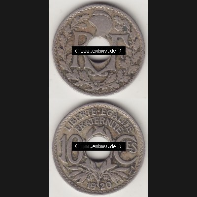 Münzen Frankreich Umlaufmünze 1917-1938, 10 Centimes - Cmes 1920. Vorderseite und Rückseite vertikal auf einen digitalen Bild der alten französischen Umlaufmünze 10... Sammlung