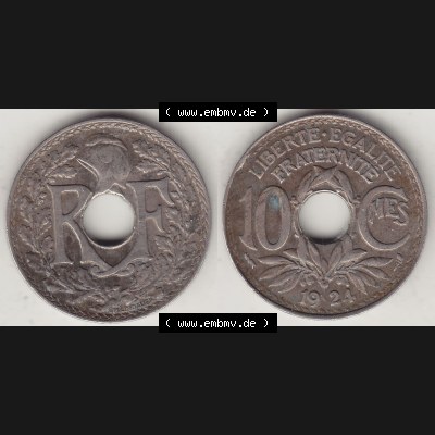 Münzen Frankreich Umlaufmünze Vollansicht 1917-1938, 10 Centimes, 10 CMES EGALITÉ FRATERNITÉ LIBERTÉ 1924-1. Vorderseite und Rückseite horizontal... Sammlung