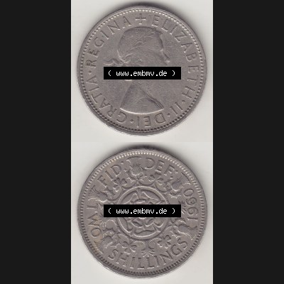 Münzen Großbritannien Umlaufmünze 1954-1970, 2 Schilling - Shillings 1960-1. Vorderseite und Rückseite vertikal untereinander auf einen digitalen Bild der alten britischen... Sammlung