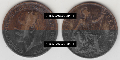 Münzen Großbritannien Umlaufmünze 1911-1926, 1 One Penny, 1917 (Stück 1), George V, B.M. GEORGIVS V DEI GRABRITTOMNREX FIDDEFINDIMP.... Sammlung