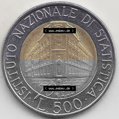 Bildmaterial von Münzen aus Italien / Italia Gedenkmünzen 1996-1996, 500 Lire, 70 Jahre Nationales Institut für Statistik (1926-1996),... Sammlung