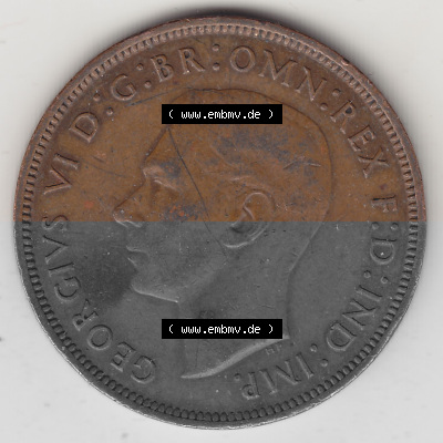 Münzen Großbritannien Umlaufmünze 1937-1948. 1 One Penny 1940 (Stück 1), George VI, GEORGIVS VI DGBROMNREX FDINDIMP. HP. Vorderseite... Sammlung