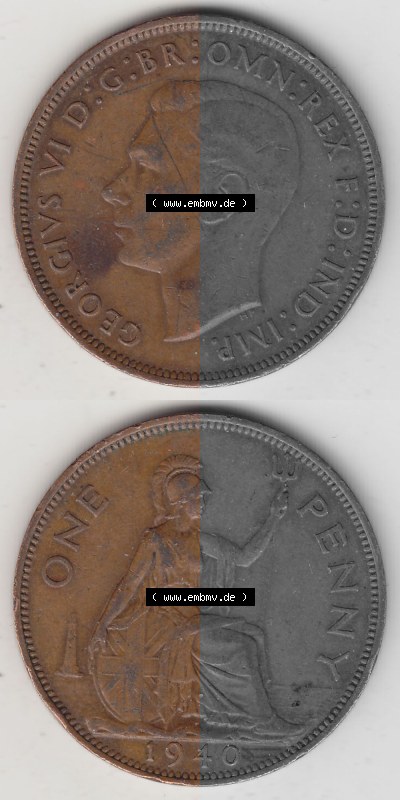 Münzen Großbritannien Umlaufmünze 1937-1948. 1 One Penny 1940 (Stück 1), George VI, GEORGIVS VI DGBROMNREX FDINDIMP. HP. Vorderseite... Sammlung