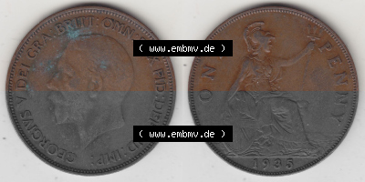 Münzen Großbritannien Umlaufmünze 1928-1936, 1 One Penny, 1935 (Stück 1), George V. BM GEORGIVS V DEI GRABRITTOMNREX FIDDEFINDIMP.... Sammlung