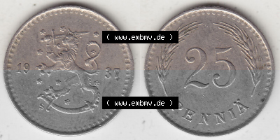 Alte Münzen KMS Finnland, Kursmünzensatz 1921-1940, 25 Penny, Penniä 1937. Digitales Bild / Bildmaterial mit Vorderseite und... Sammlung