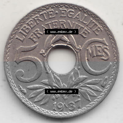 Alte Münzen KMS Frankreich, aus Kursmünzensatz-Zusammenstellung der Jahre 1917-1952, mit der Münze 1920-1938, 5 Cmes, Centimes... Sammlung