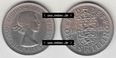Münzen Großbritannien Umlaufmünze 1954-1970, 1 Schilling - One Shilling, 1953 (Stück 2) Wappen mit drei Löwen. Vorderseite... Sammlung