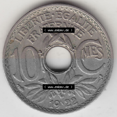 Frankreich 10 CMES EGALITÉ FRATERNITÉ LIBERTÉ 1922 (Stück 2), 10 Cmes / Centime / Cent Umlaufmünze aus Frankreich in der... Sammlung