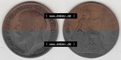 Münzen Großbritannien Umlaufmünze 1911-1926, 1 One Penny, 1913 (Stück 1), George V, B.M. GEORGIVS V DEI GRABRITTOMNREX FIDDEFINDIMP.... Sammlung