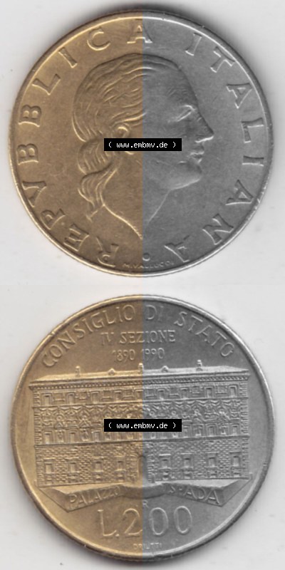 Bildmaterial von Münzen aus Italien / Italia Gedenkmünzen 1990-1990, 200 Lire Gründung von Staatsrat. Vorderseite und Rückseite... Sammlung
