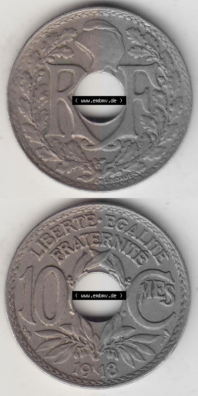 Münzen Frankreich Umlaufmünze Vollansicht 1917-1938, 10 Centimes, 10 CMES EGALITÉ FRATERNITÉ LIBERTÉ 1918 (Stück 1). Vertikales... Sammlung