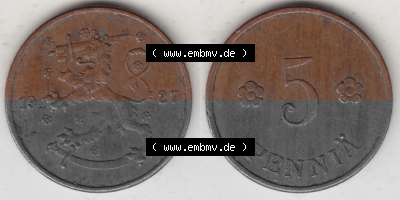Alte Münzen KMS Finnland, Kursmünzensatz 1918-1940, 5 Penny, Penniä 1927. Digitales Bild / Bildmaterial mit Vorderseite und... Sammlung
