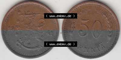 Alte Münzen KMS Finnland, Kursmünzensatz 1940-1943, 50 Penny, Penniä, Kupfer 1941 (Stück 1). Digitales Bild / Bildmaterial... Sammlung