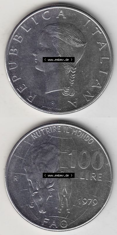 Bildmaterial von Münzen aus Italien / Italia Gedenkmünzen 1979-1979, 100 Lire, Ernährungs- und Landwirtschafts- Organisation... Sammlung