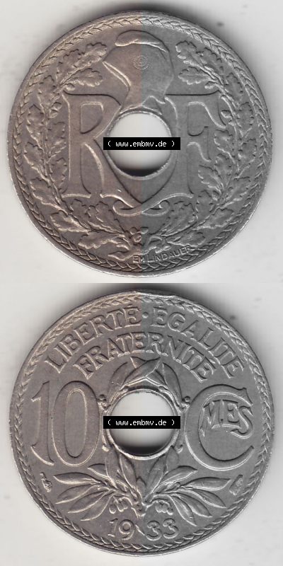 Alte Münzen KMS Frankreich, aus Kursmünzensatz-Zusammenstellung der Jahre 1917-1952, mit der Münze 1917-1938, 10 Cmes, Centimes... Sammlung