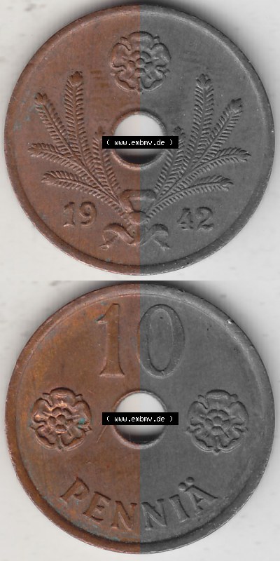 Alte Münzen KMS Finnland, Kursmünzensatz 1941-1943, 10 Penny, Penniä Kupfer 1942 (Stück 1) . Digitales Bild / Bildmaterial... Sammlung