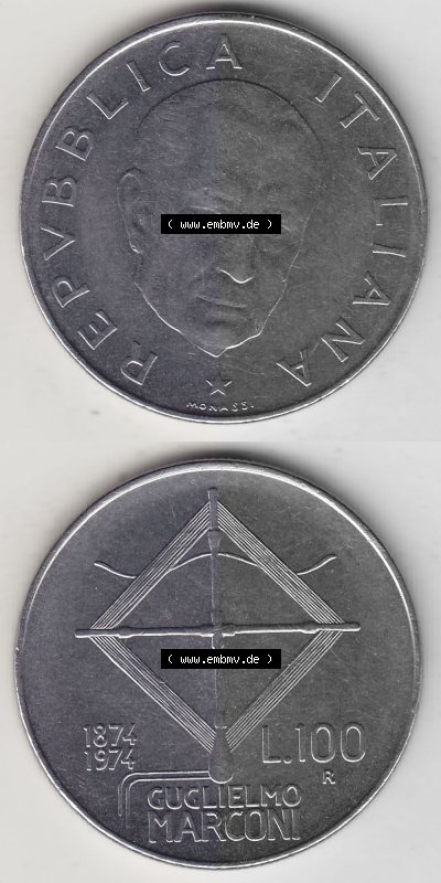 Bildmaterial von Münzen aus Italien / Italia Gedenkmünzen 1974-1974, 100 Lire, 100. Geburtstag von Guglielmo Marconi (1874-1974)-1.... Sammlung