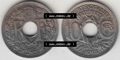 Münzen Frankreich Umlaufmünze Vollansicht 1917-1938, 10 Centimes, 10 CMES EGALITÉ FRATERNITÉ LIBERTÉ 1918 (Stück 2). Beidseitiges... Sammlung