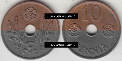 Alte Münzen KMS Finnland, Kursmünzensatz 1941-1943, 10 Penny, Penniä Kupfer 1942 (Stück 1) . Digitales Bild / Bildmaterial... Sammlung
