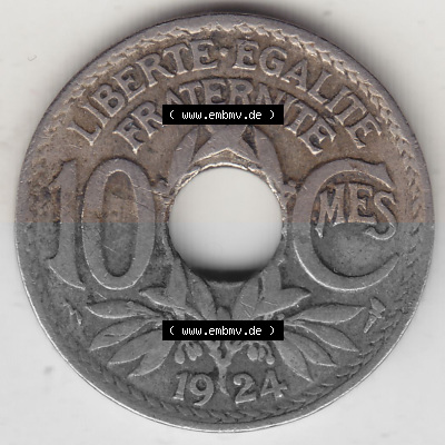 Münzen Frankreich Umlaufmünze 1917-1938, 10 Centimes, 10 CMES EGALITÉ FRATERNITÉ LIBERTÉ 1924 (Stück 1). Digitales Bild... Sammlung