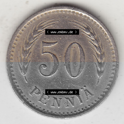 Alte Münzen KMS Finnland, Kursmünzensatz 1921-1940, 50 Penny, Penniä 1929. Rückseite mit Wert-Zahl bzw. Nennwert einer Münze... Sammlung