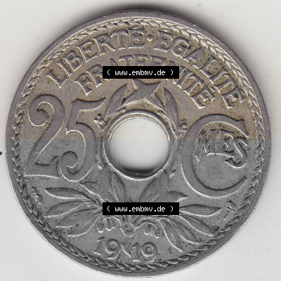 Münzen Frankreich Umlaufmünze 1917-1937, 25 Cmes, Centimes 1919 (Stück 1) LIBERTE EGALITE FRATERNITE (2) Sammlung