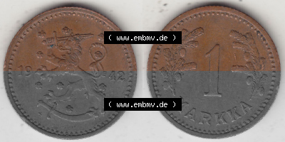 Alte Münzen KMS Finnland, Kursmünzensatz 1940-1951, 1 finnische Mark, Markka, Kupfer 1942 (Stück 1). Digitales Bild / Bildmaterial... Sammlung