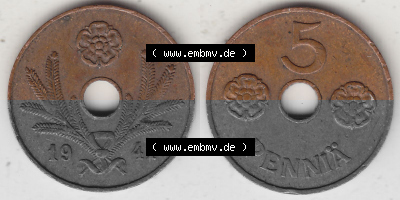 Alte Münzen KMS Finnland, Kursmünzensatz 1941-1943, 5 Penny, Penniä, Kupfer 1941 (Stück 1). Digitales Bild / Bildmaterial... Sammlung