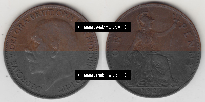 Münzen Großbritannien Umlaufmünze 1927-1927, 1 One Penny, 1927 (Stück 1), George V, BM GEORGIVS V DEI GRABRITTOMNREX FIDDEFINDIMP.... Sammlung