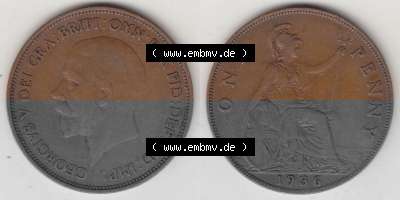Münzen Großbritannien Umlaufmünze 1928-1936, 1 One Penny, 1936 (Stück 1), George V. BM GEORGIVS V DEI GRABRITTOMNREX FIDDEFINDIMP.... Sammlung
